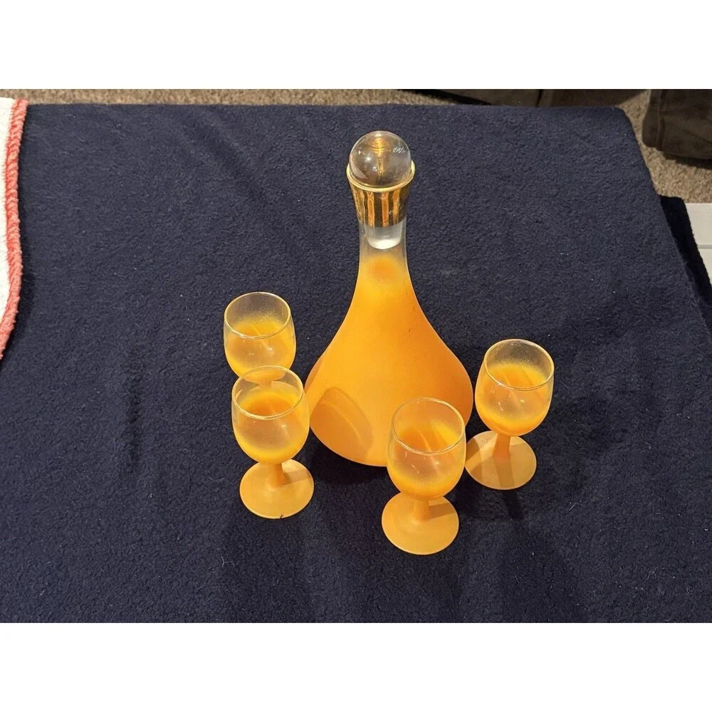 Vintage Blendo Frosted Amber Orange Decanter & 4 Cordial Glasses MCM Bar Set